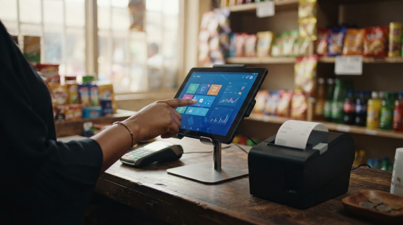 The Lupply till on a shop counter, with its receipt printer